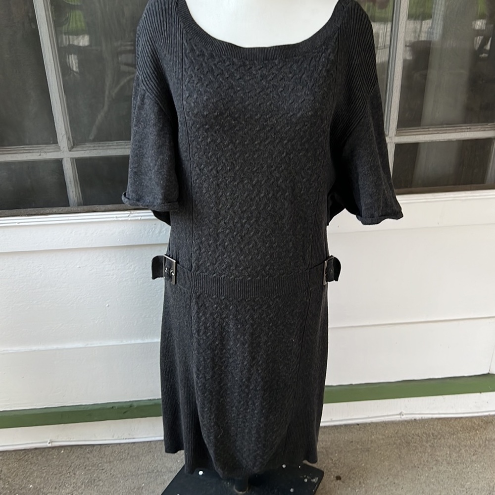 Laundry by Design Sz M Gray Knit Dolman Sleeve Buckle Accent Sweater Dress